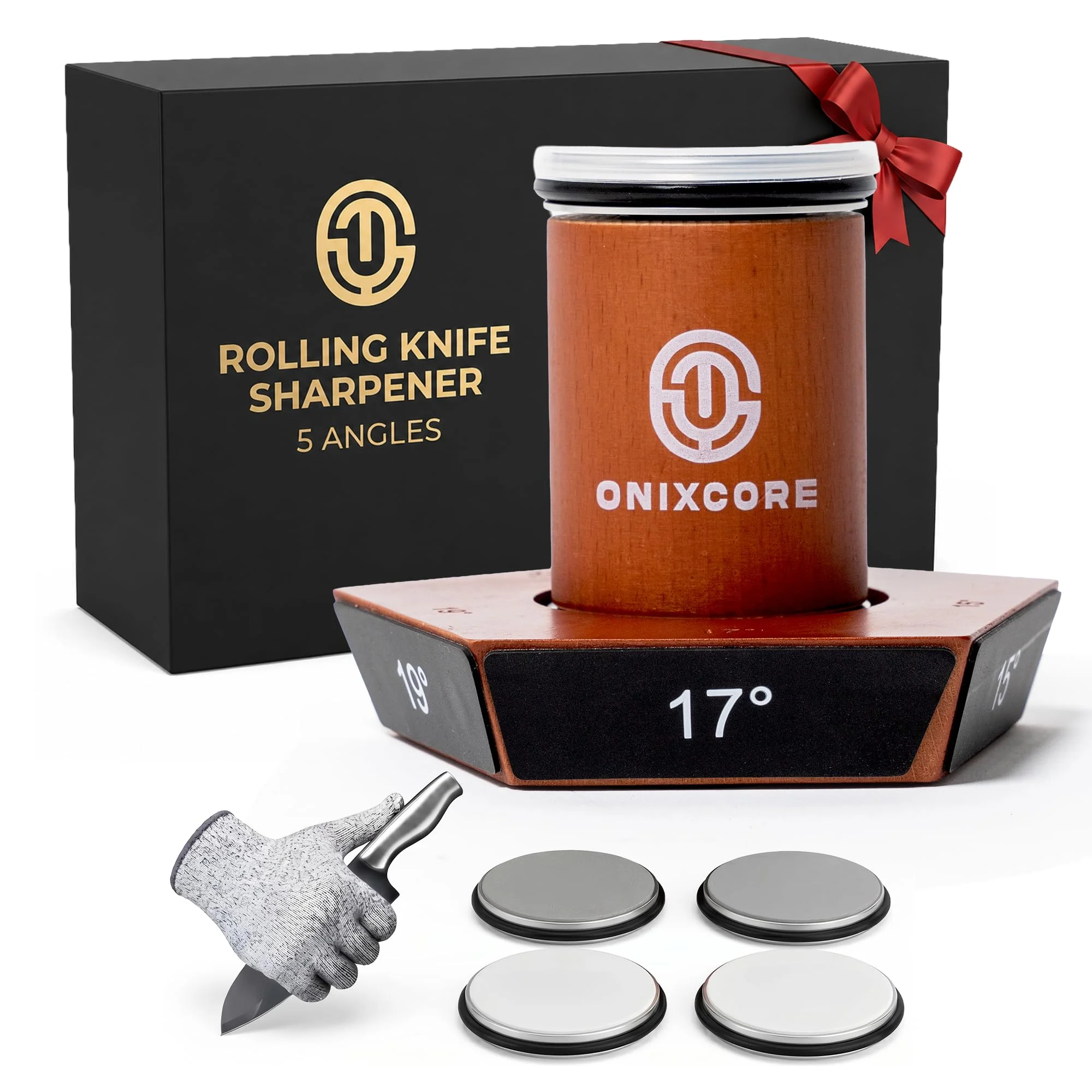 Rolling Knife Sharpener Kit, 5-Angle Magnetic Knife Sharpener Roller with 4 Diamond & Ceramic Discs, Gloves Included, Manual Guided Knife Sharpening Kit for Kitchen, Japanese, Pocket & Hunting Knives