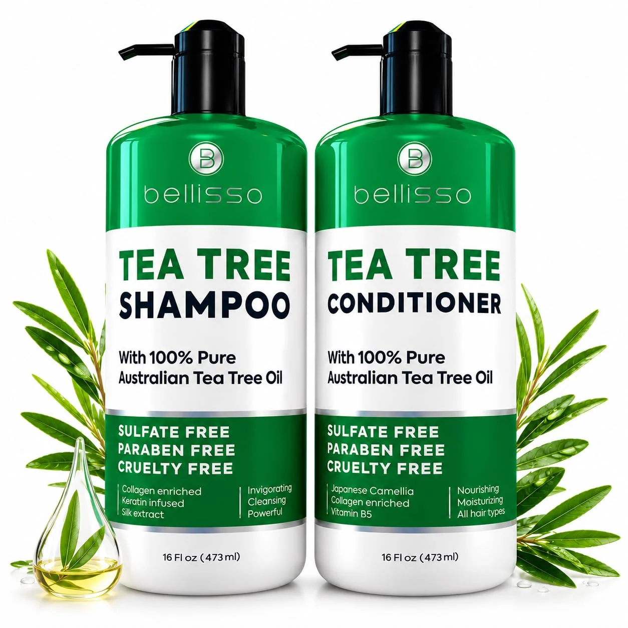 Tea Tree Shampoo and Conditioner Set – with 100% Pure Australian Tea Tree Oil - Anti Dandruff Sulfate and Paraben Free - Dry Scalp Treatment with Keratin, Vitamin B5, Collagen for Women and Men