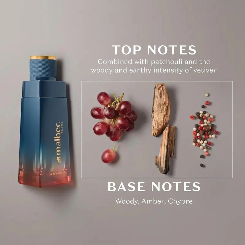 Malbec Eau De Toilette Flame de O Boticário, colonia para hombres con aroma a uva Nerello amaderada y vetiver