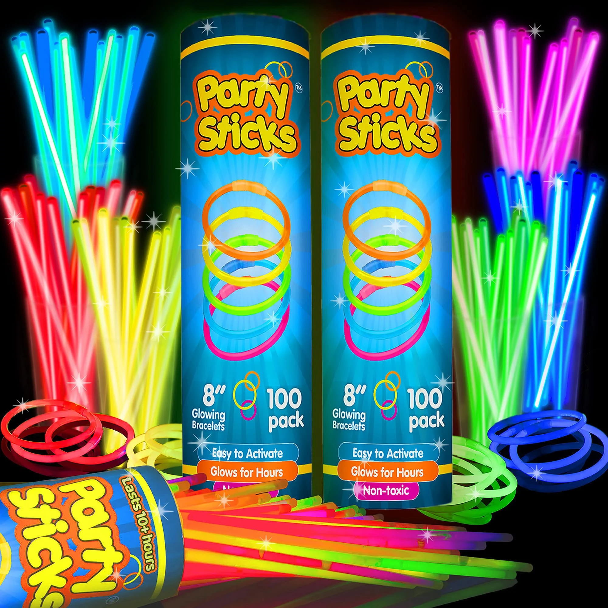 Pulseras luminosas Partysticks 200 unidades 8 pulgadas con conectores