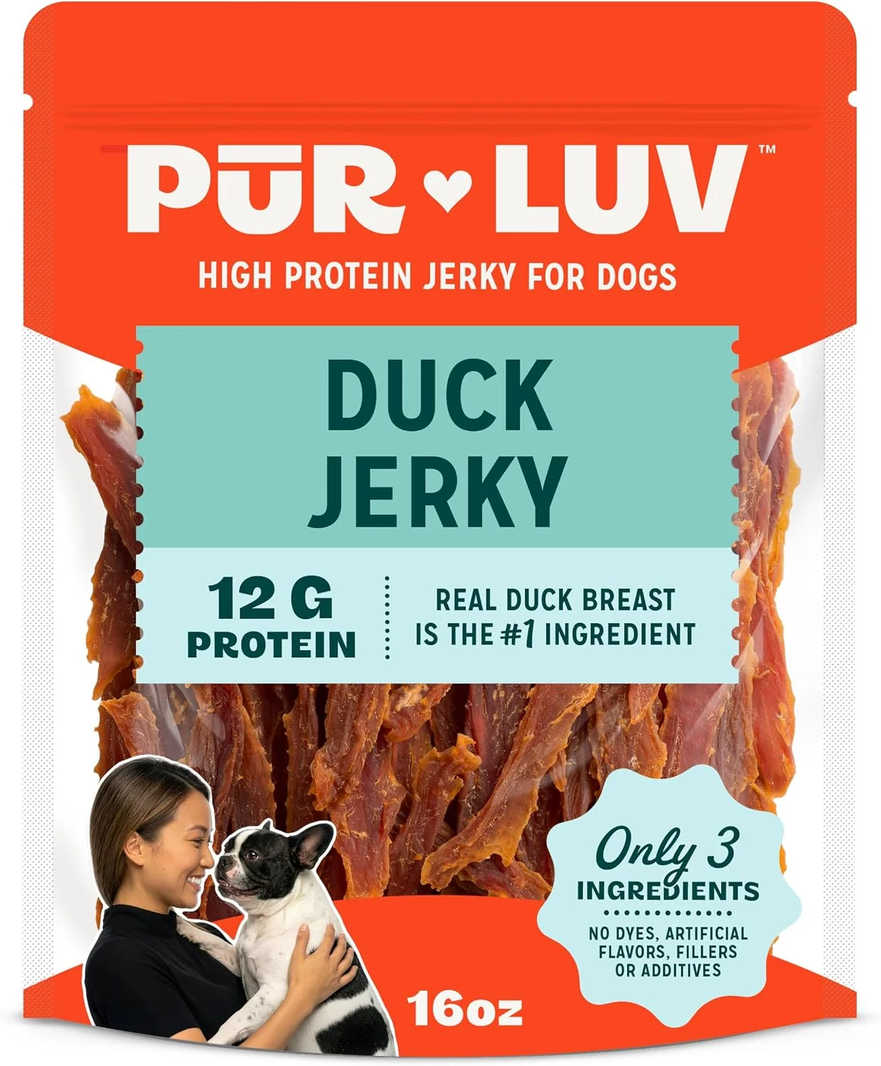 Snack Pur Luv Duck Jerky para Perros, Suave y Masticable, 16oz