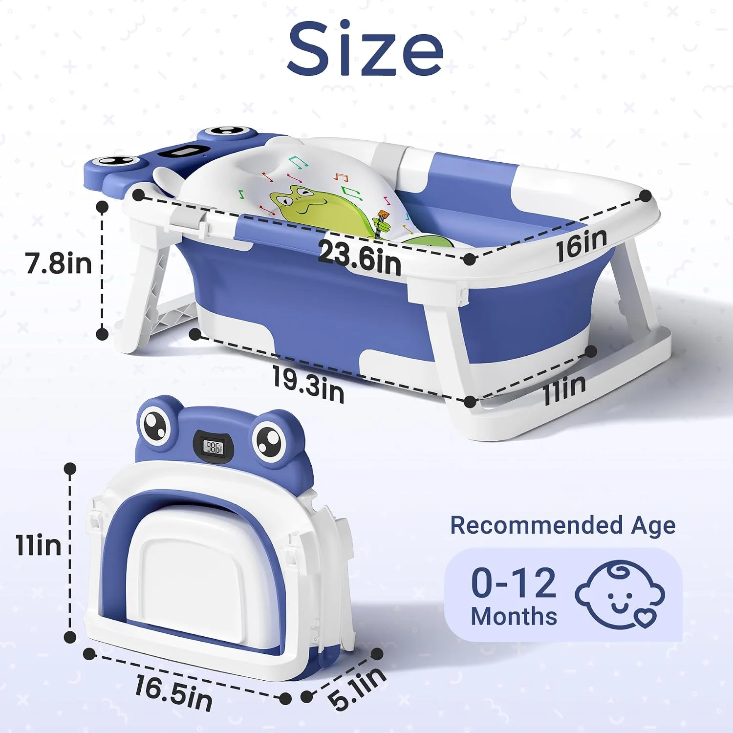 BUNWAG Bañera Plegable para Bebé con Termómetro y Cojín Azul Marino