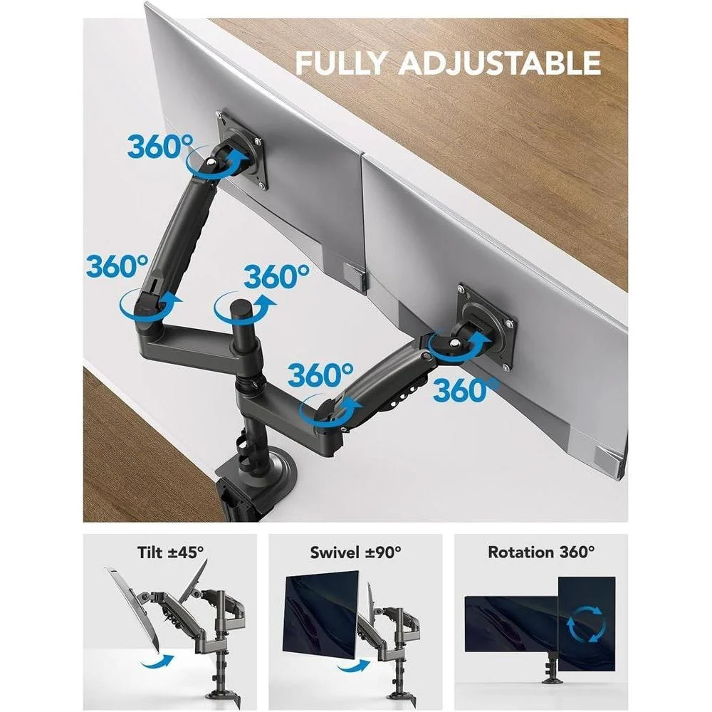 Soporte dual ajustable para monitores con inclinación y rotación por HUANUO, mejora la postura y organiza tu espacio