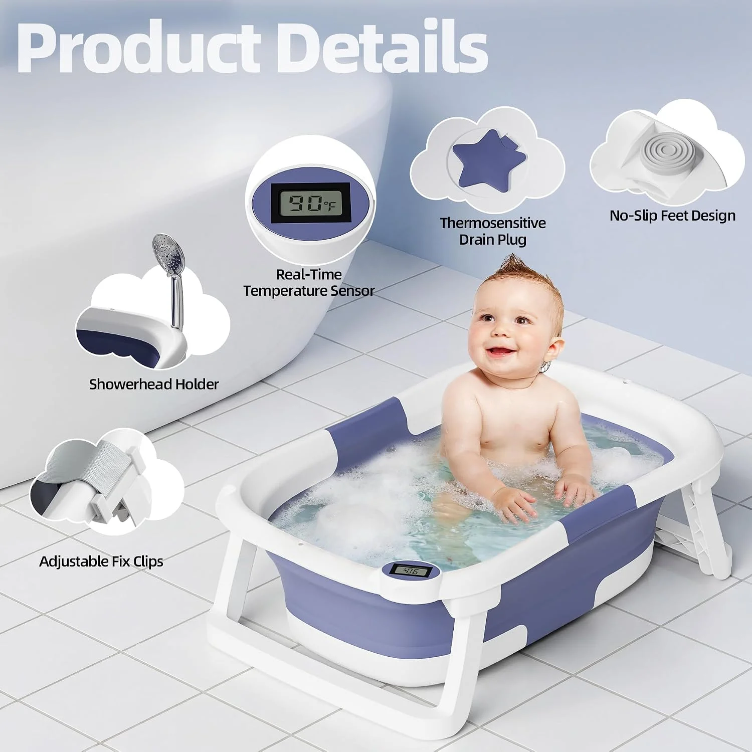 iBabyMax Bañera Plegable para Bebé con Termómetro 0 a 36 Meses Azul