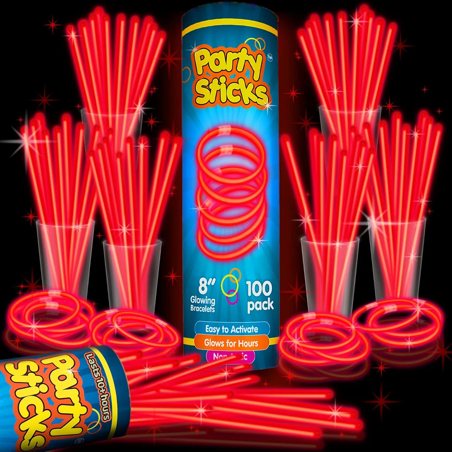 Pulseras luminiscentes PartySticks rojo 8 pulgadas pack 100 unidades