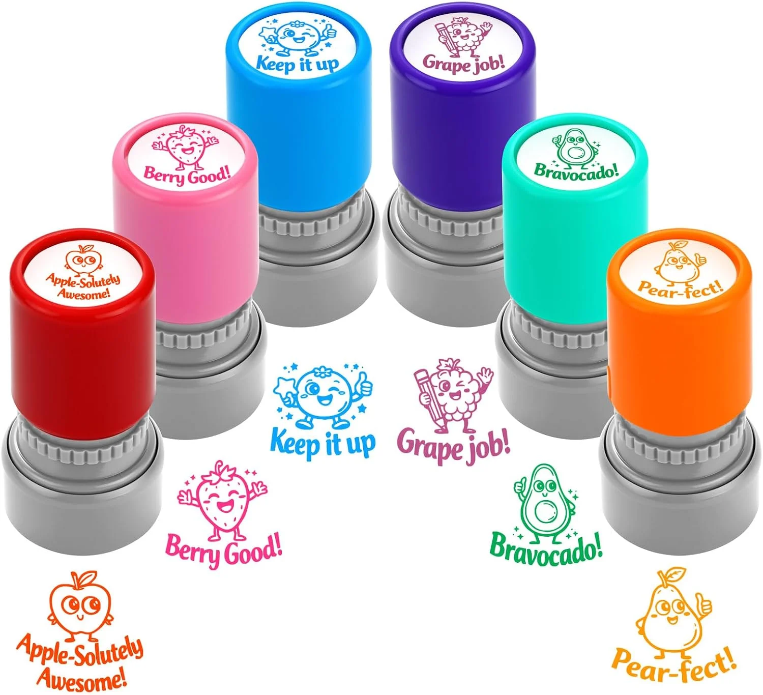 Set de 6 sellos autotintantes con diseño de frutas para docentes