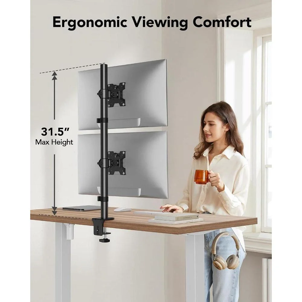 Soporte de monitor doble vertical HUANUO con ajuste de altura para dos monitores, brazo articulable y abrazadera C