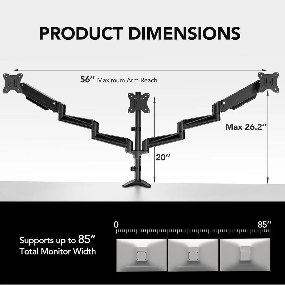 Soporte triple HUANUO para monitores de hasta 32 pulgadas, ajuste en inclinación, giro y diferentes opciones de montaje