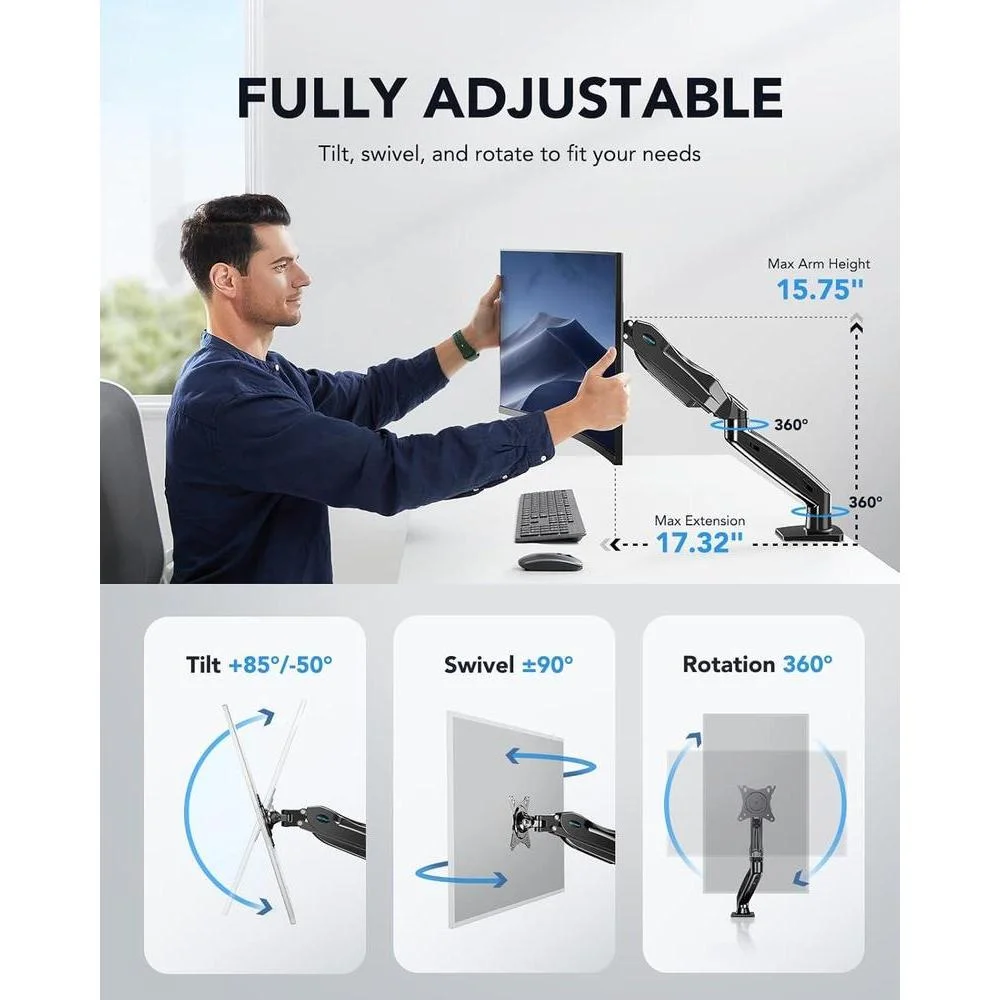 HUANUO Soporte para monitor individual, brazo ajustable para monitores 13 a 32, compatible con VESA, base de abrazadera y ojal