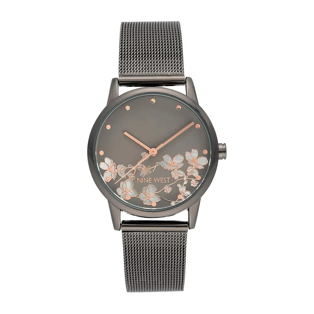 Reloj de pulsera Nine West con esfera floral y pulsera de malla