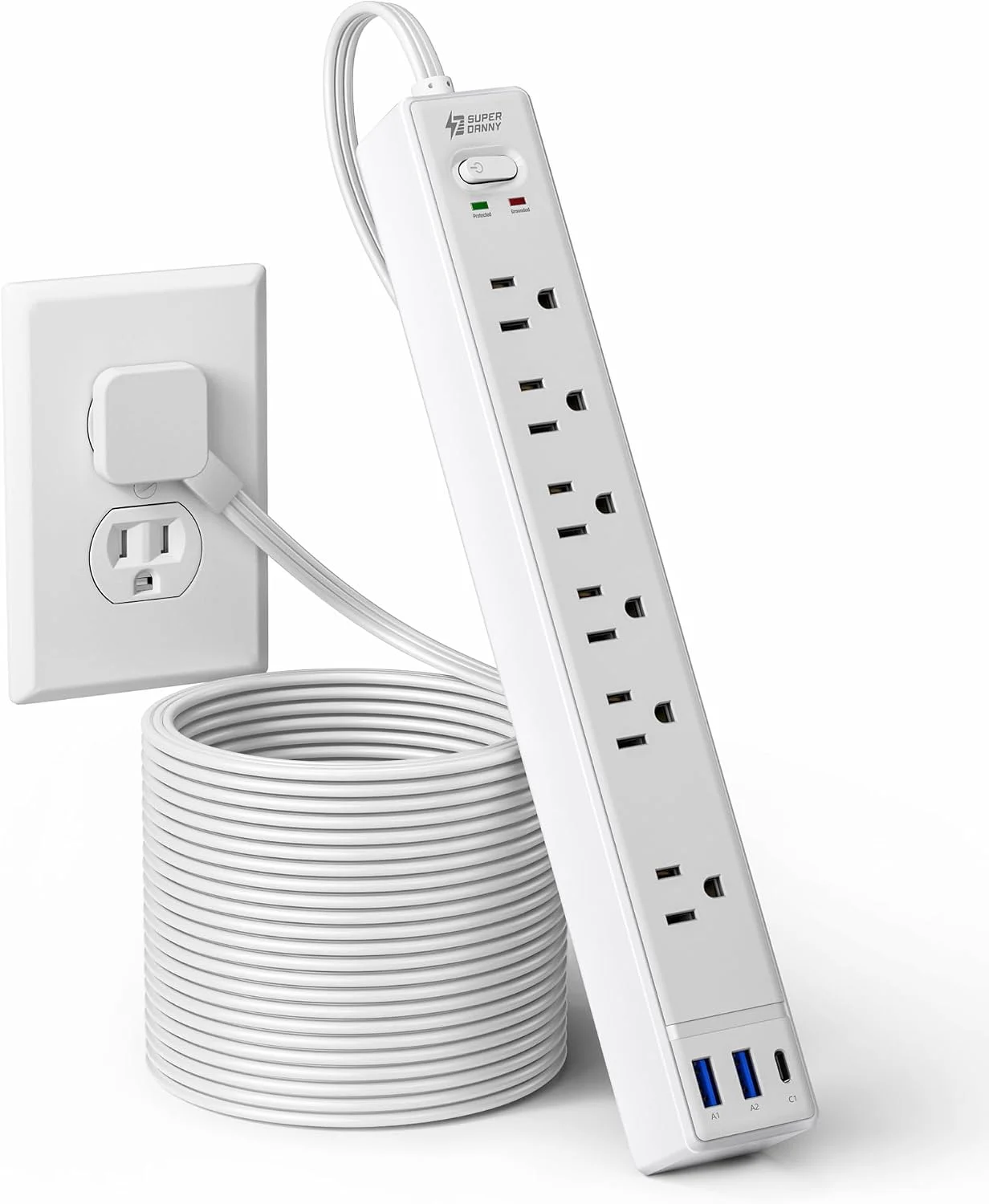 Regleta de extensión 15 pies SUPERDANNY con protector de sobretensión y puertos USB