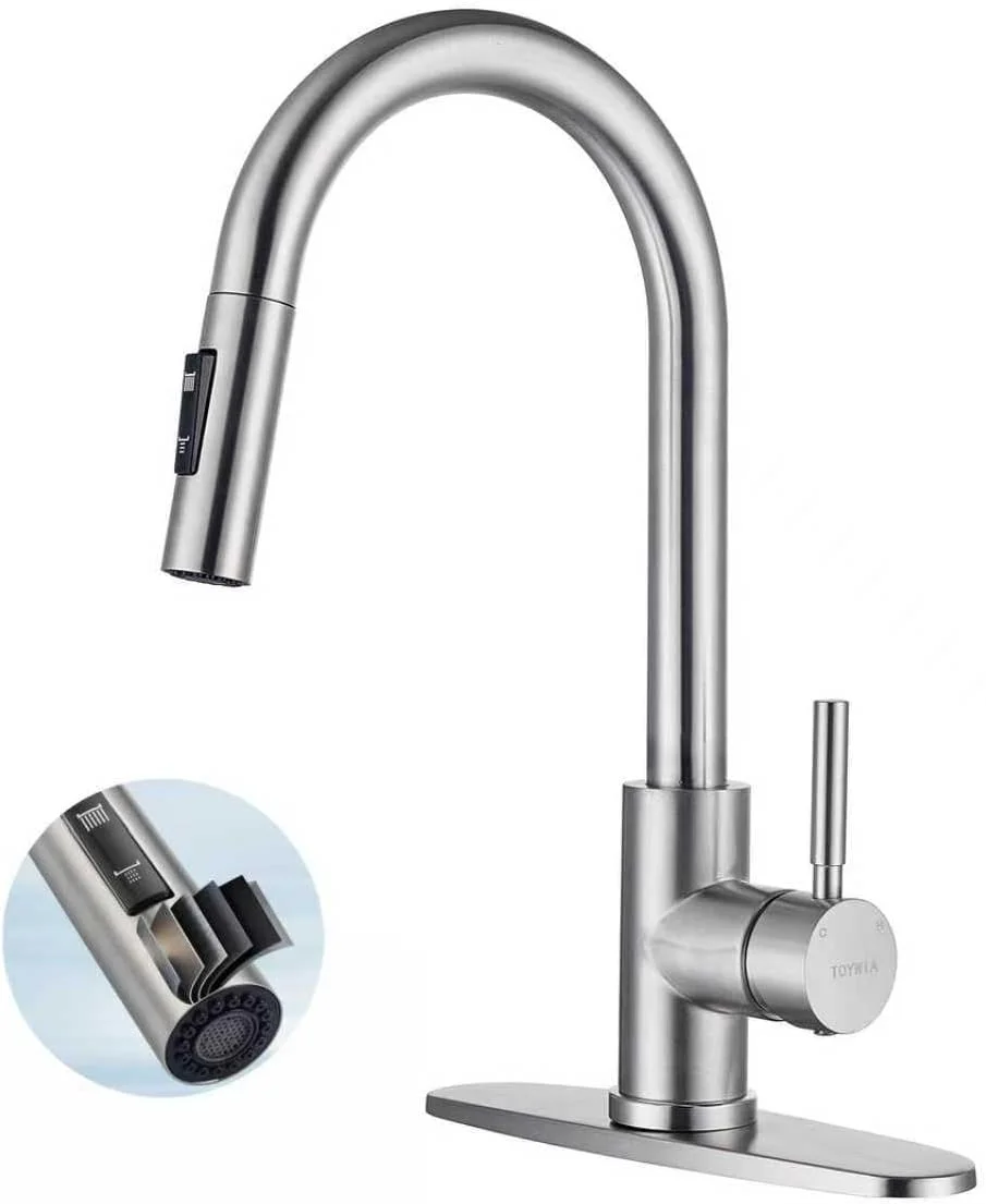 TOYWIA Kitchen Faucets with Pull Down Sprayer, Brushed Nickel Single Handle High Arc Stainless Steel Sink Faucet with Deck Plate, 1 or 3 Hole Deck Mount for RV, Bar, Farmhouse, Laundry, Outdoor