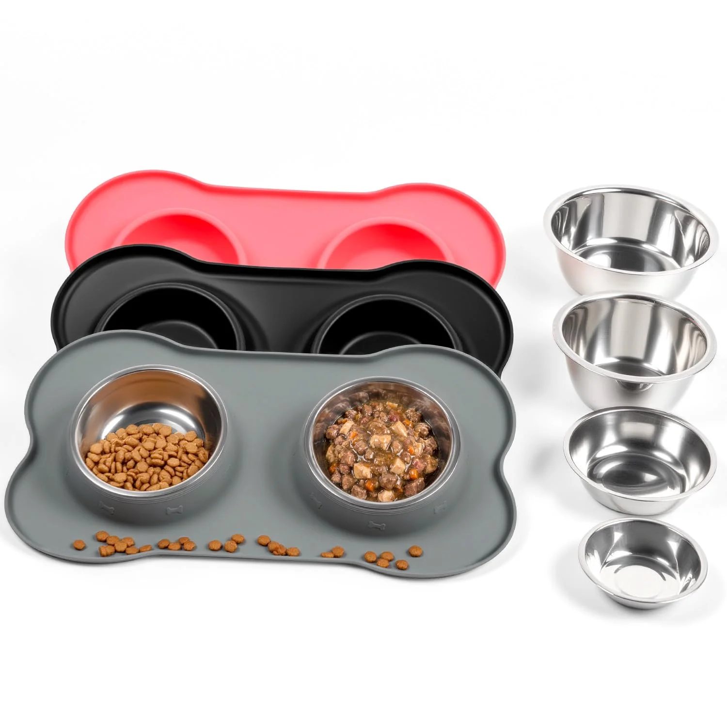 Conlun Pet Feeding Station, Silicone Mat, Spill Proof Bowls, L, Grey