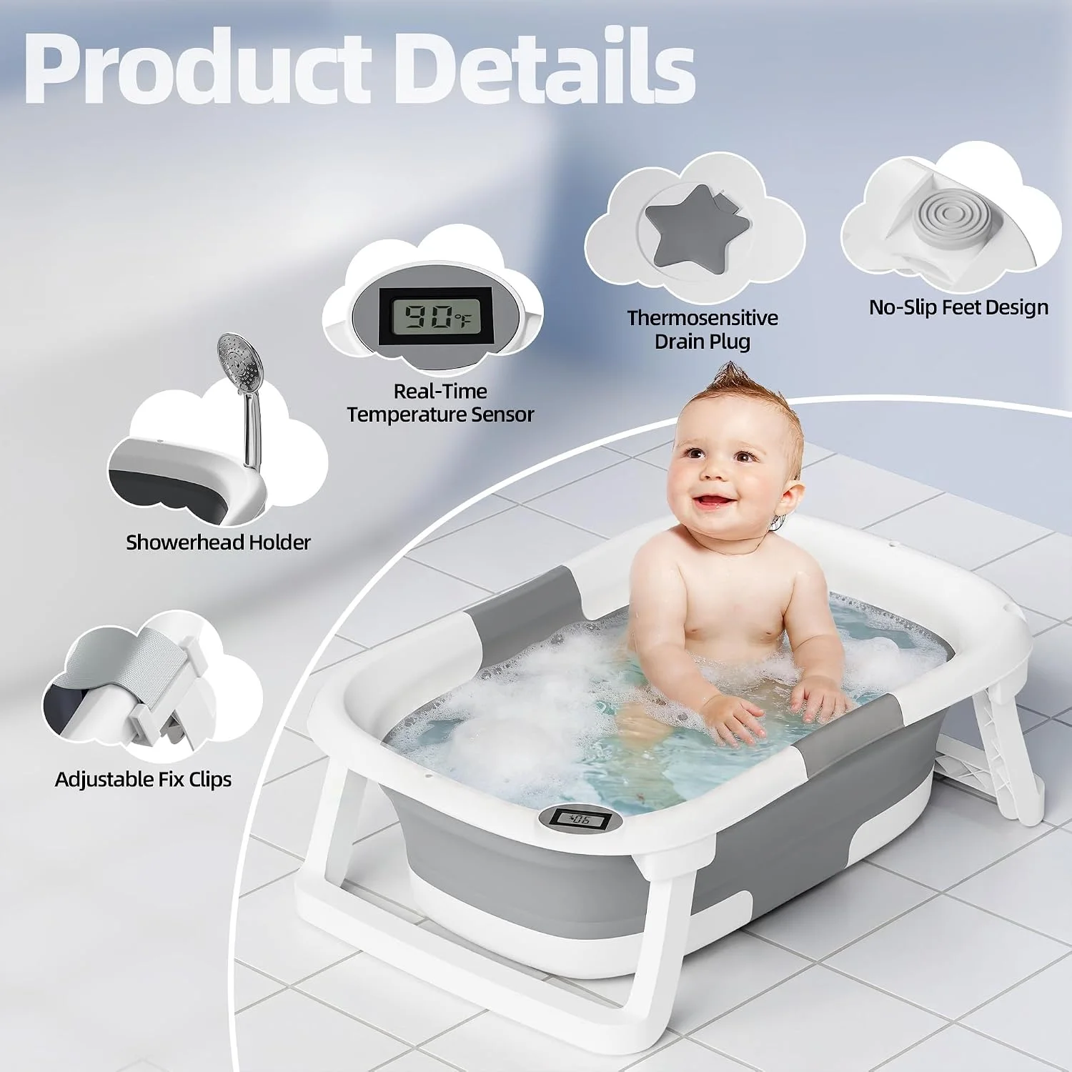 iBabyMax Bañera Plegable para Bebé con Termómetro 0 a 36 Meses Gris