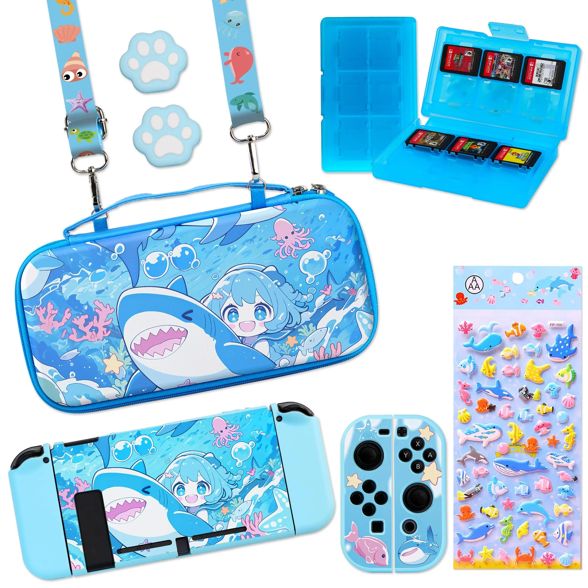 Funda de transporte Perfectsight para Nintendo Switch 6.2 pulgadas con accesorios 10 en 1 Tiburón Azul