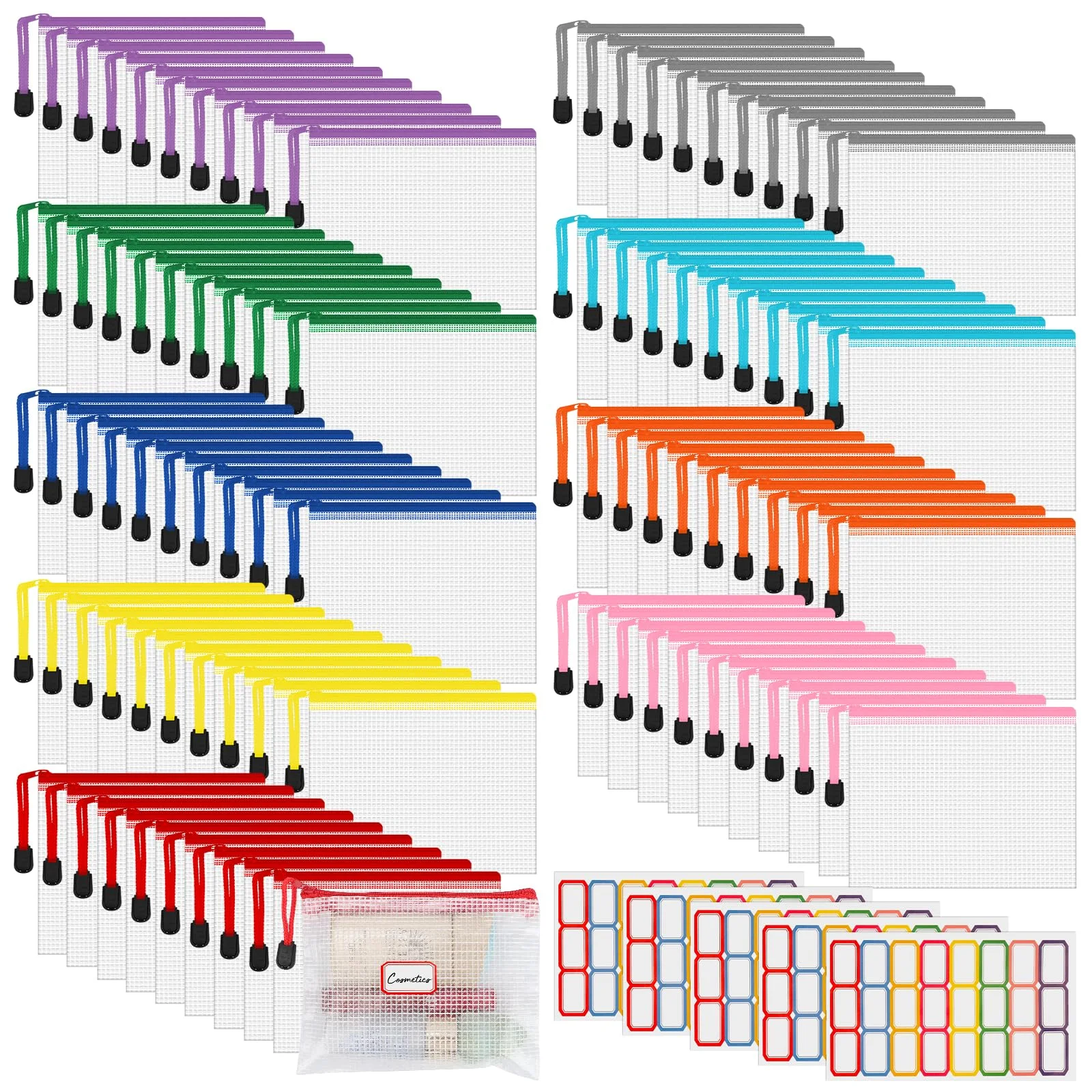 AOBOPLE 90pcs Mesh Zipper Pouch,4.9x6.3 inch Waterproof Zippers Bags with Colored Stickers 9 Colors Plastic Zipper Pouches Small Organizing Bags for Travel Storage and Office