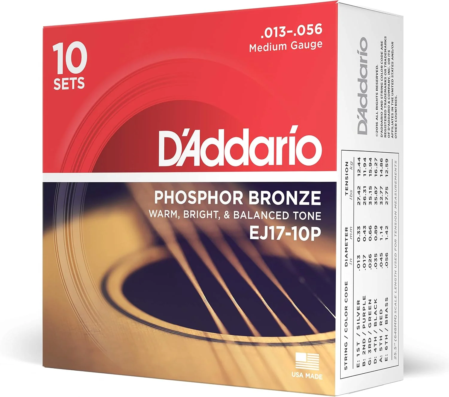 Cuerdas para guitarra acústica D'Addario EJ17-10P Phosphor Bronze 13-56, pack 10 juegos
