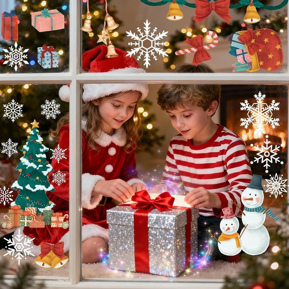 Calcomanías navideñas de copos y renos para ventanas, decoración interior y exterior, reutilizables y resistentes al agua