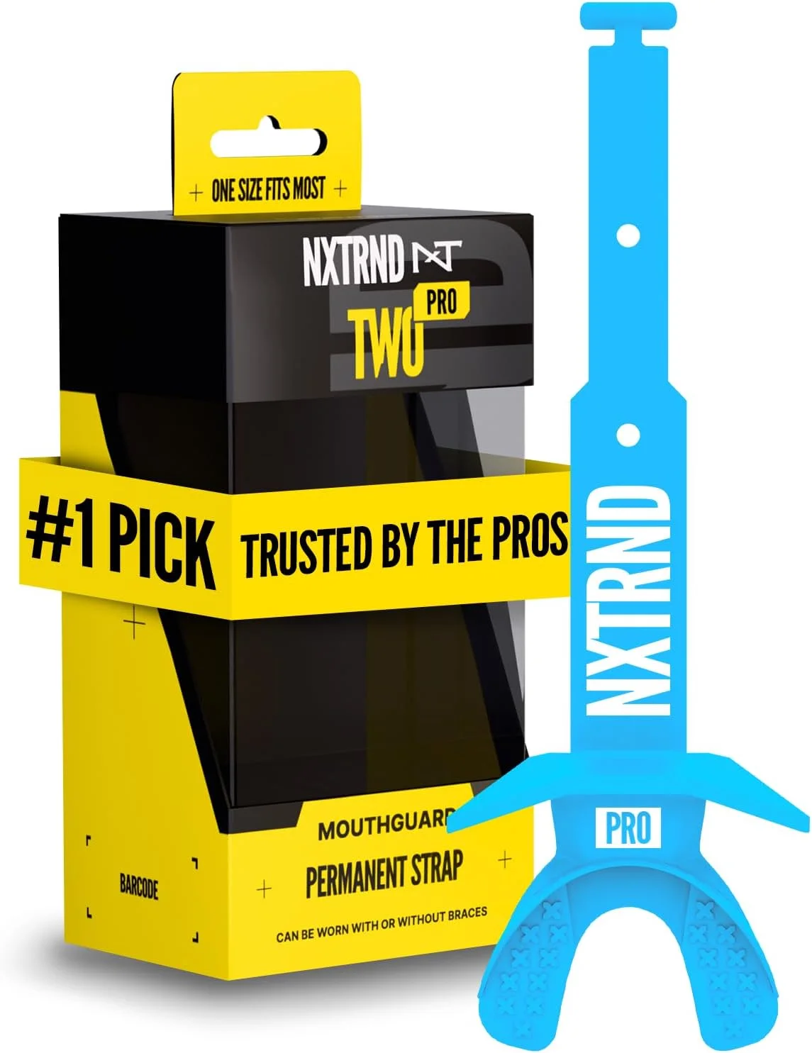 Protector bucal Nxtrnd Two Pro para fútbol americano con correa permanente azul neón