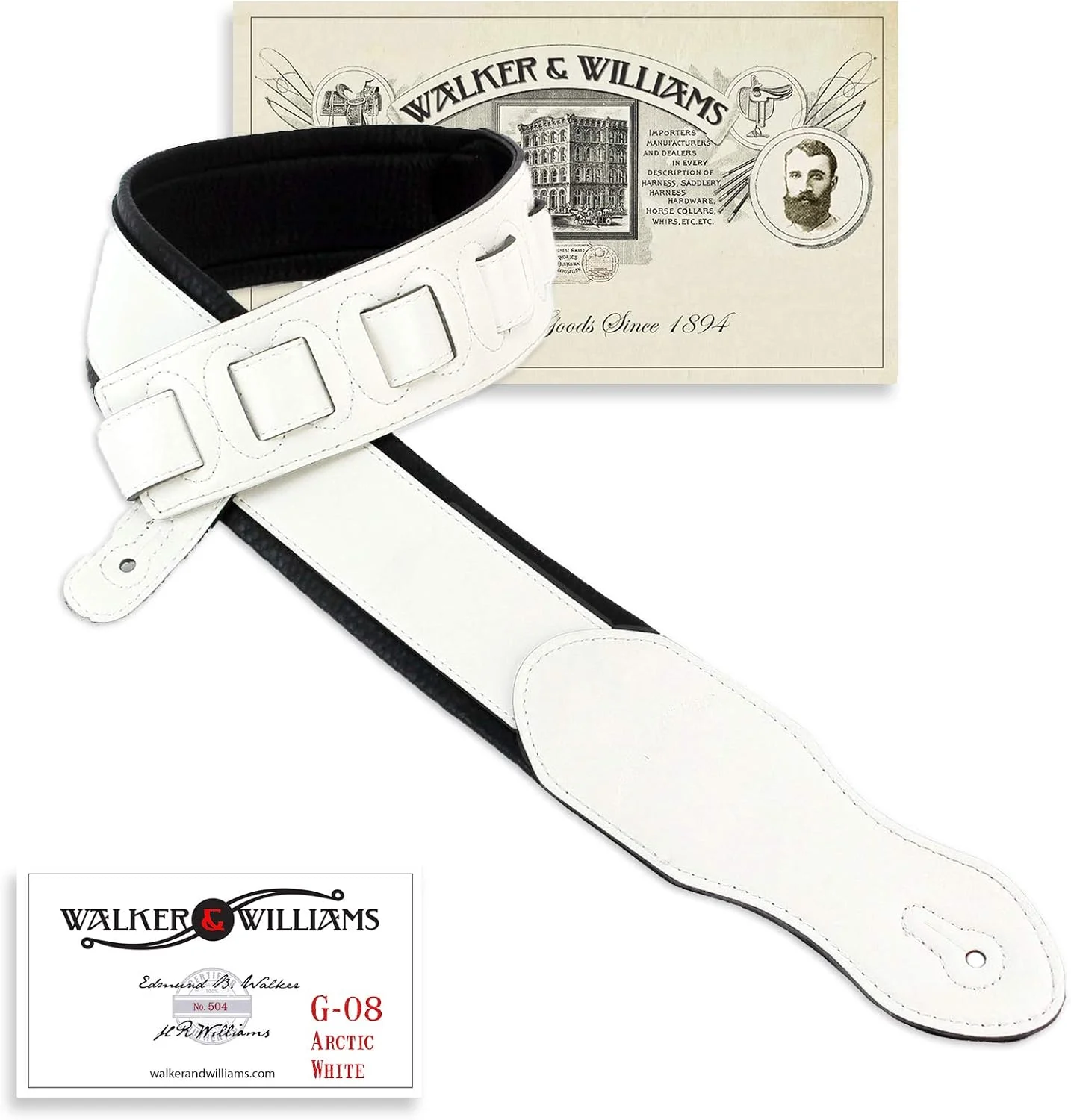 Correa para guitarra Walker & Williams G-08 blanca acolchada con respaldo de cuero