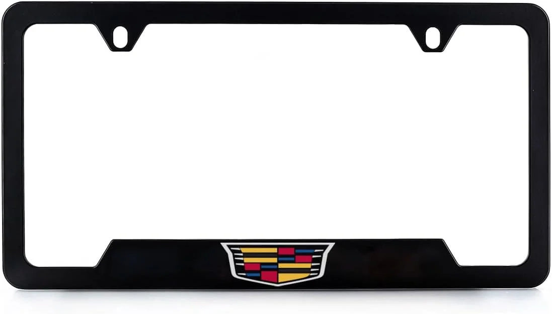Marco para placa de licencia Cadillac Crest Wordmark negro con grabado rotatorio