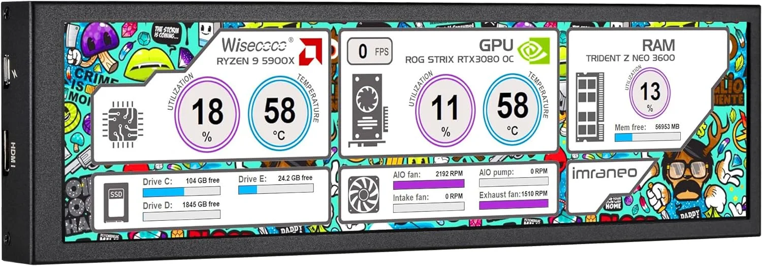 wisecoco 8.8 Inch Computer Secondary Screen CPU Temperature Monitor with Casing FHD IPS 1920x480 LCD Display for Computer Case Temperature Windows Aida64 CPU GPU Monitor