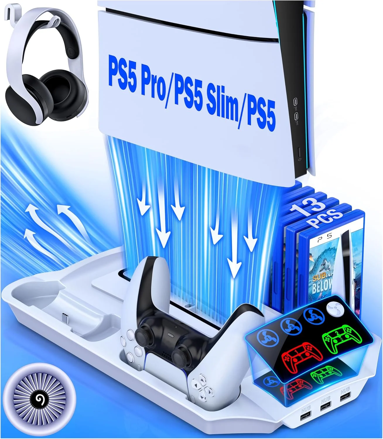 PS5 Pro/Slim/PS5 Stand and Cooling Station with Controller Charging Station for Playsation 5 Disc Digital Console, PS5 Accessories Incl. 3 Levels Cooling Fan, 13 Game Slots, 3 USB HUB, Headset Holder
