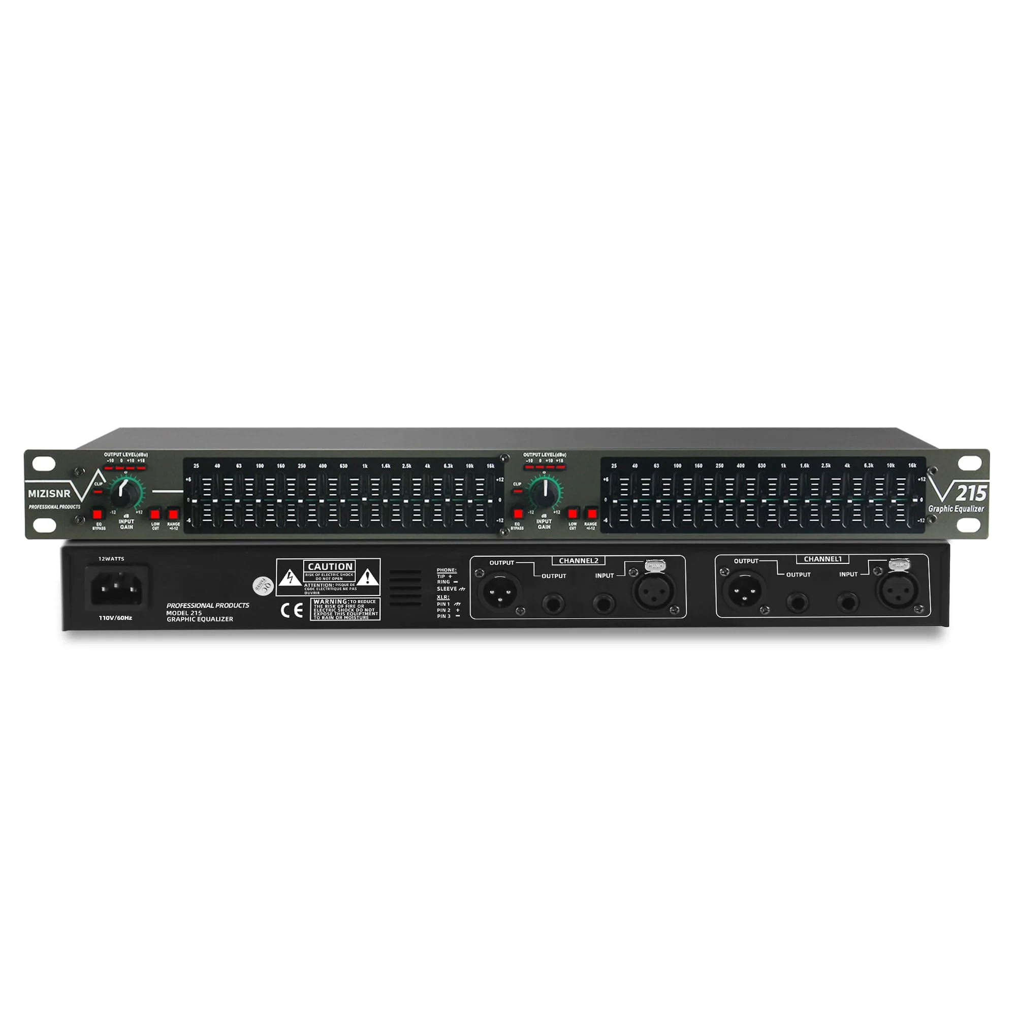 MIZISNR Graphic Equalizer 15-Band Stereo EQ for Home Audio, Dual Channel Professional DJ Equalizer, Noise Reduction 1U Rack Mount (EQ-215)