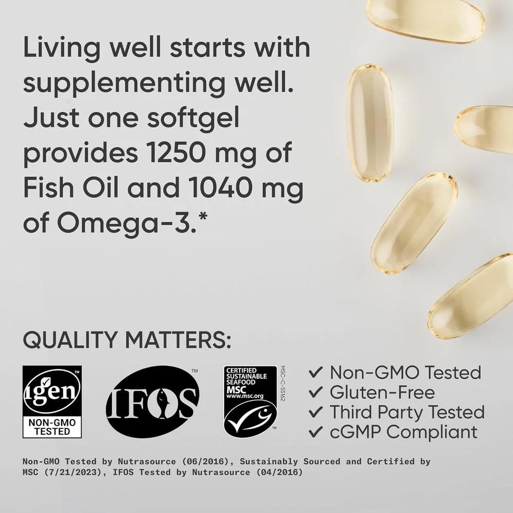 Omega-3 Aceite de Pescado 1250 SR - Suplemento de triple fuerza de pollock de Alaska sostenible, sin OGM ni soja, 180 cápsulas blandas