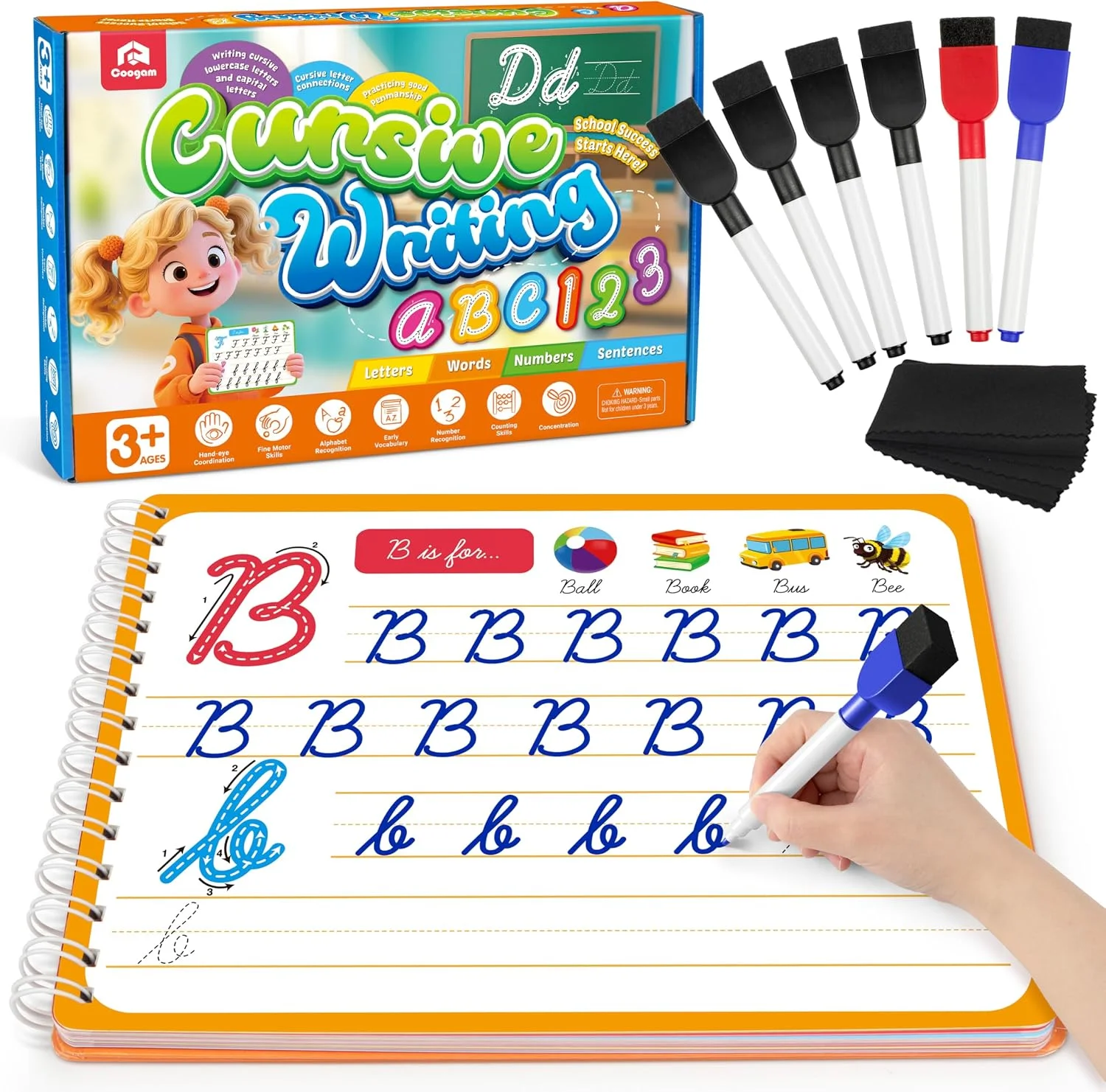 Coogam Magic Practice Copybook for Kids Age 3-12, Dry-Erase Writing Practice Book - Cursive Handwriting Aid With Alphabet Nmubers Words Sentences for Children and Beginners