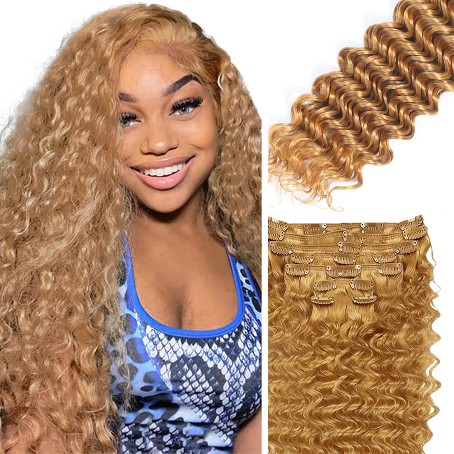 Extensiones de cabello clip-in Lakaisa 20 pulgadas rubio miel ondas profundas 120g 7 piezas