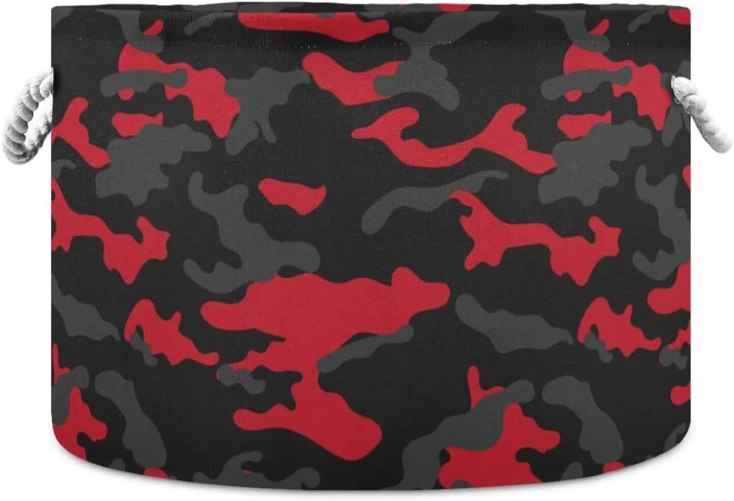 Caja organizadora redonda plegable camuflaje rojo y negro con asas