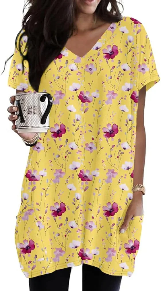 Blusa Poetsky Tunic Cuello V Manga Corta con Bolsillos para Mujer
