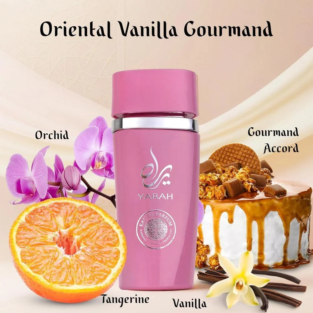 SAADAH Yarah Eau De Parfum para Mujer 4.0 Fl.oz, 120ml Perfume Oriental Vainilla Gourmand, Orquídea Dulce, Mandarina, Frutas Tropicales, Vainilla, Musk y Sándalo, Fragancia de Lujo Polvosa de Larga Duración