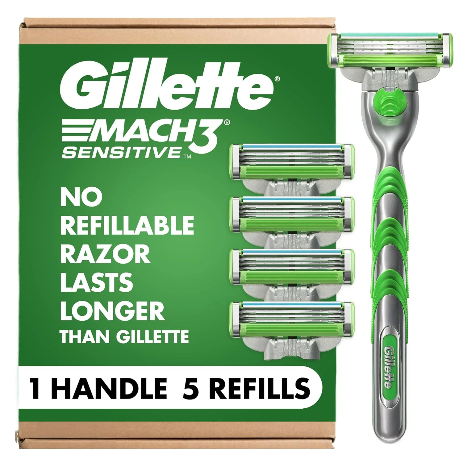 Gillette Mach3 Sensitive Shaving Razor for Men, 1 Handle and 5 Blade Refills, for Sensitive Skin