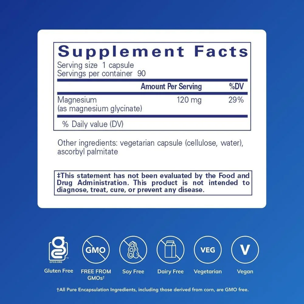 Magnesio glicinado Pure Encapsulations: soporte para relajación, salud cardíaca, músculos, nervios y metabolismo