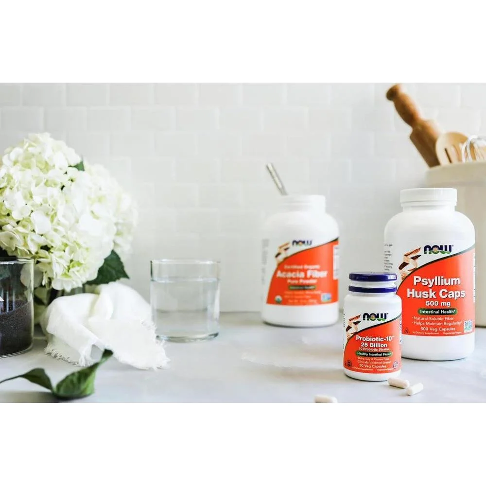 Suplemento de fibra NOW Foods Psyllium Husk, 500 mg, no transgénico, promueve salud intestinal con 500 cápsulas veganas