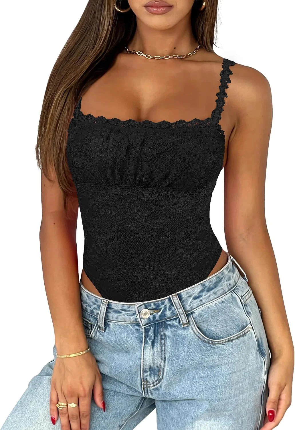 Body Saslax Cuello Cuadrado Encaje Tirantes Finos