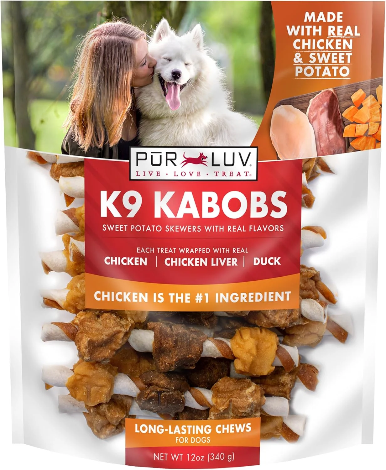 Snacks para perros Pur Luv K9 Kabobs pollo, pato y camote 340g