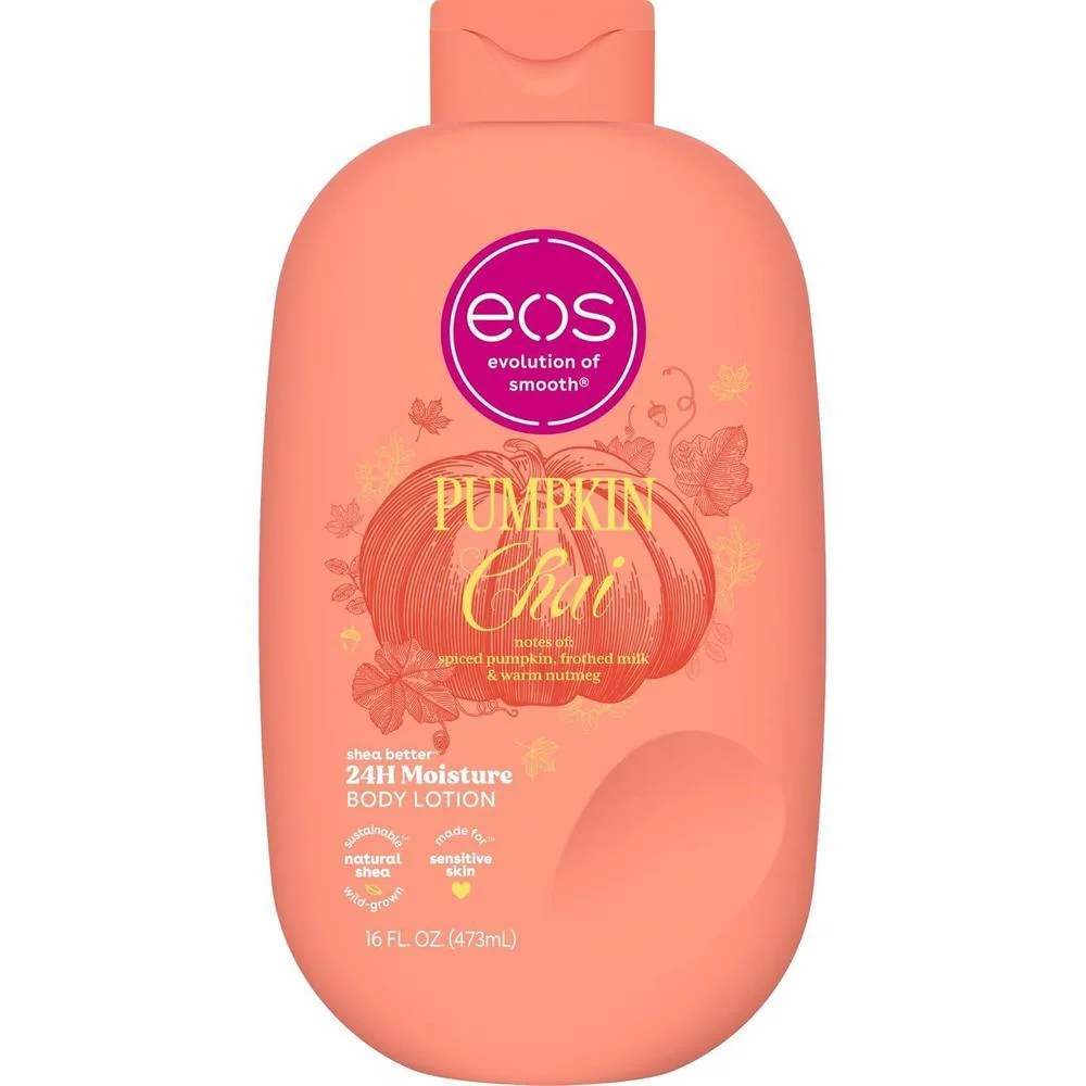 eos Pumpkin Chai Shea Better Body Lotion con manteca de karité, hidratación 24H, aroma calabaza chai