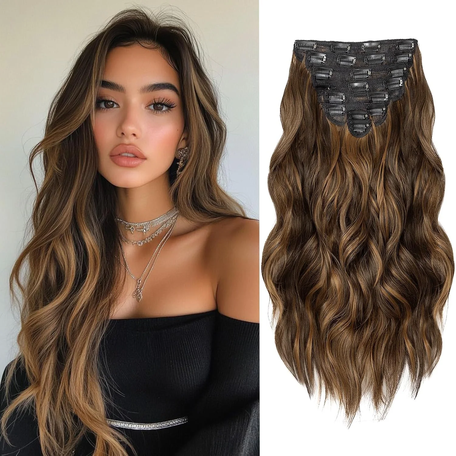 Extensiones de cabello clip-in onduladas 8 piezas 20 pulgadas marrón oscuro y marrón claro