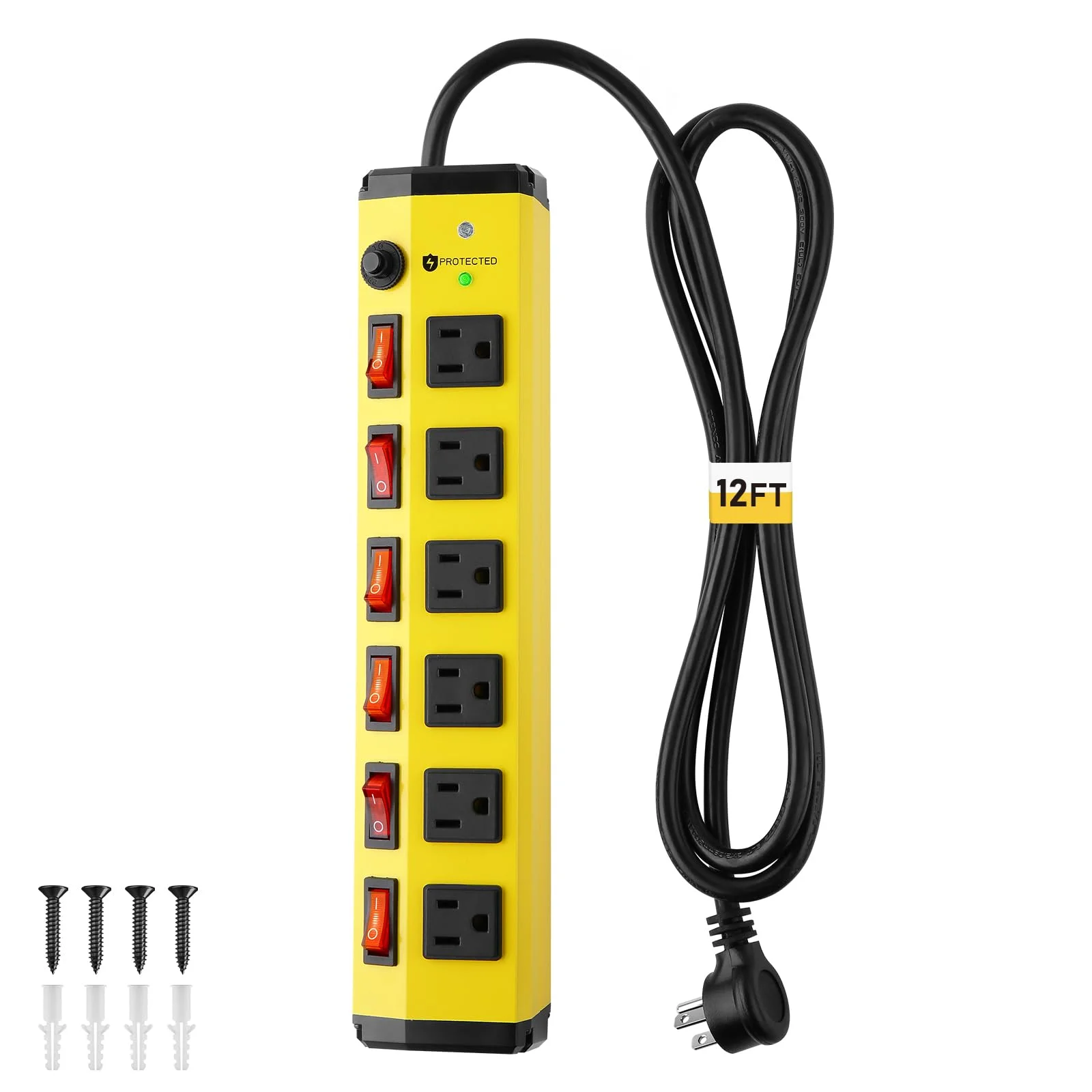Extensión de corriente Keben Heavy Duty Power Strip Surge Protector 12 pies 15A con interruptores individuales
