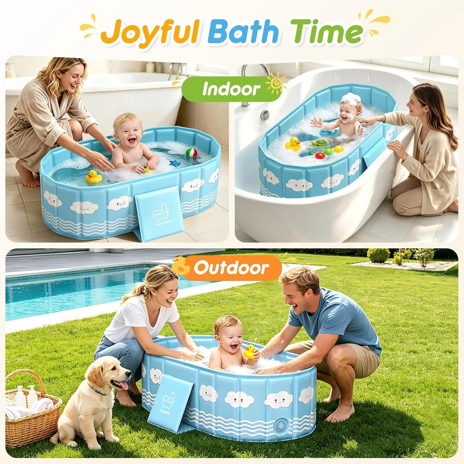 UMIKU Bañera Plegable para Bebé con 2 Tapones de Drenaje Azul