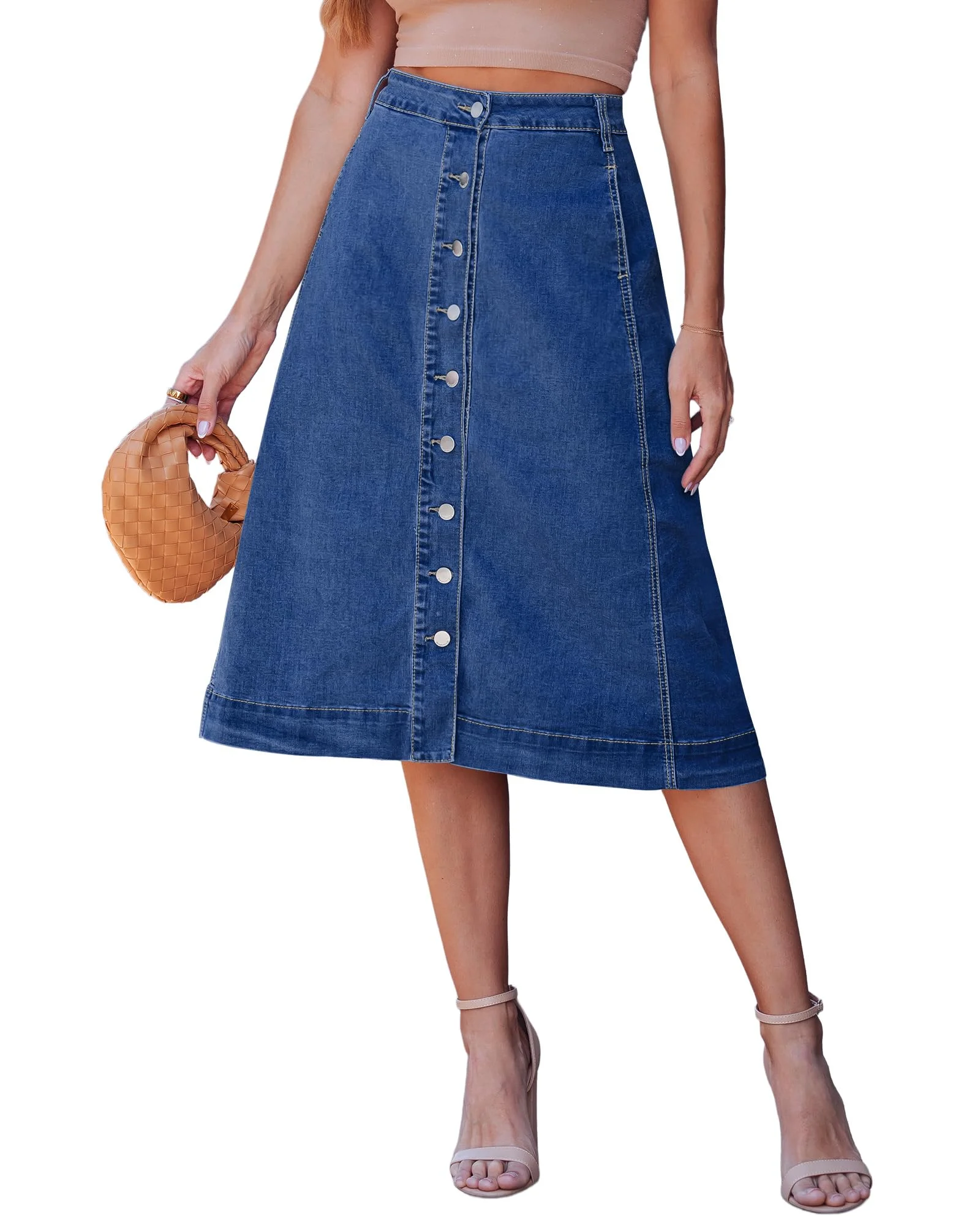Falda Jean Midi A Line luvamia Botones Elástica con Bolsillos