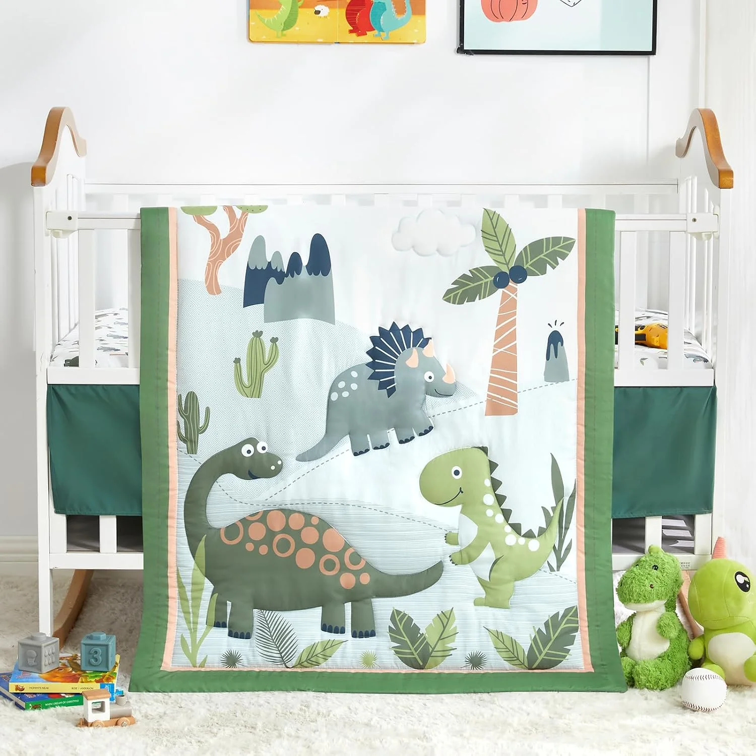 Set de cama para cuna mini Wowelife diseño dinosaurios verde 3 piezas