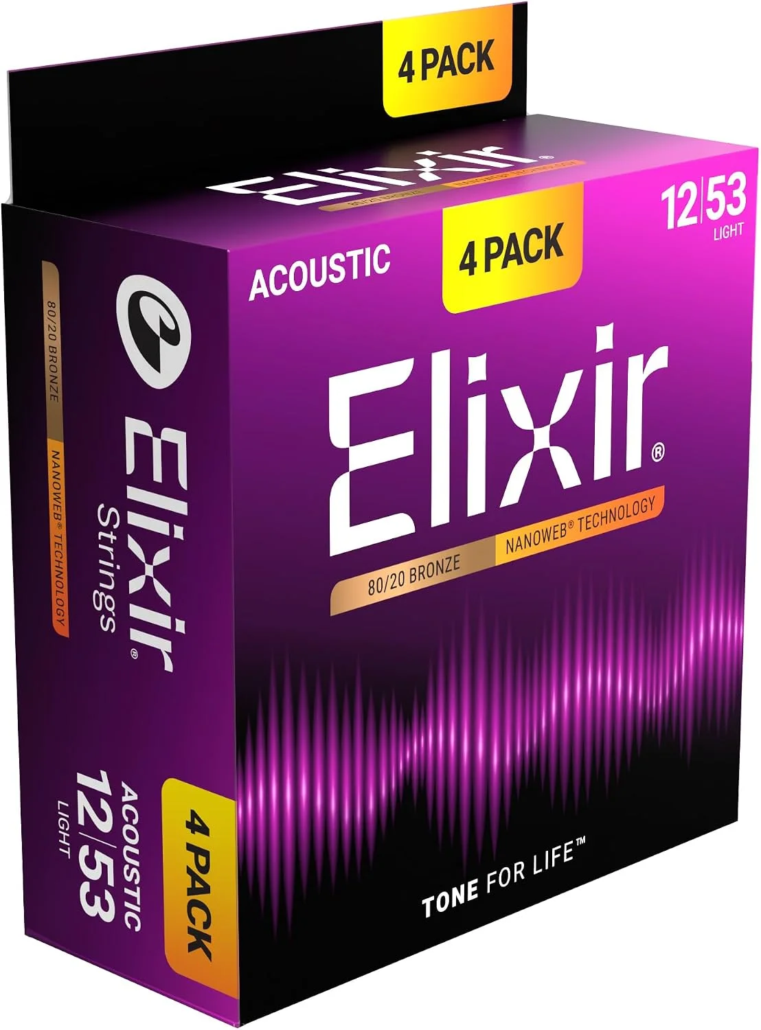 Cuerdas para guitarra acústica Elixir 80/20 Bronze NANOWEB Light 12-53 pack 4