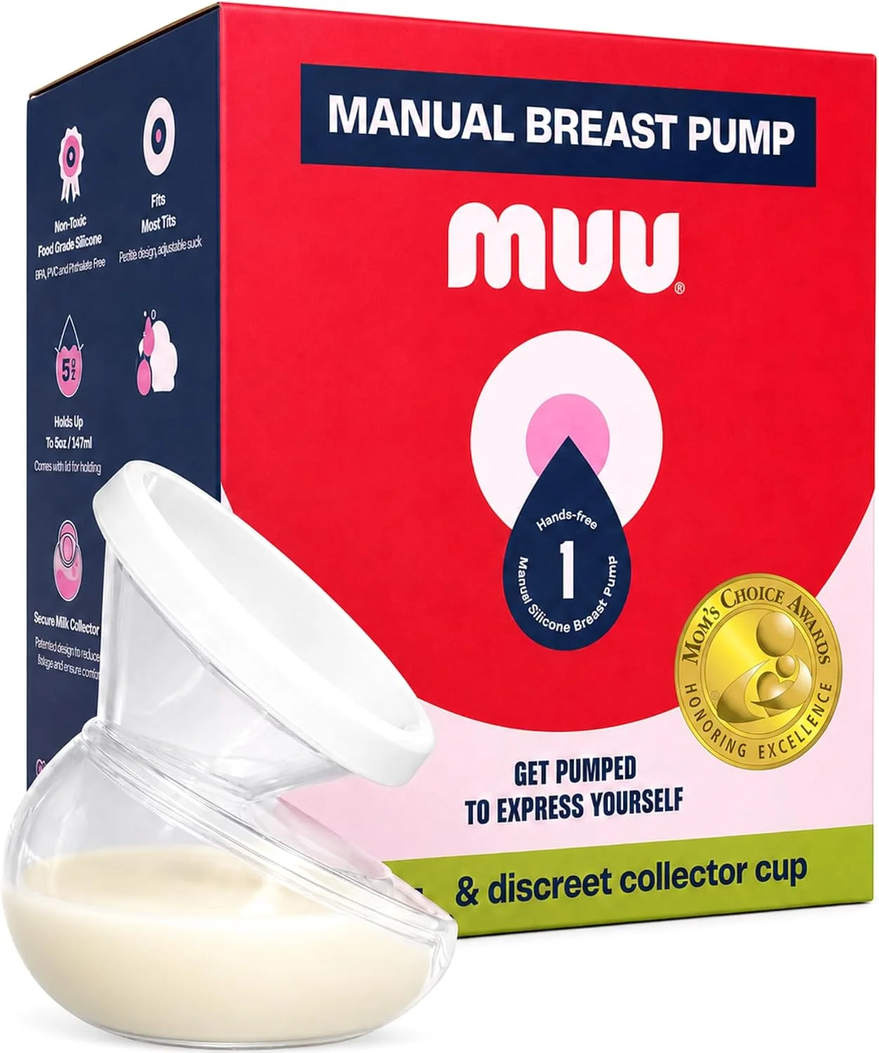 MUU Manual Breast Pump for Breastfeeding | Discreet, Hands-Free, Portable, Food-Grade Silicone | 5oz Wearable Breastfeeding Essentials, BPA-Free (Single Pump)