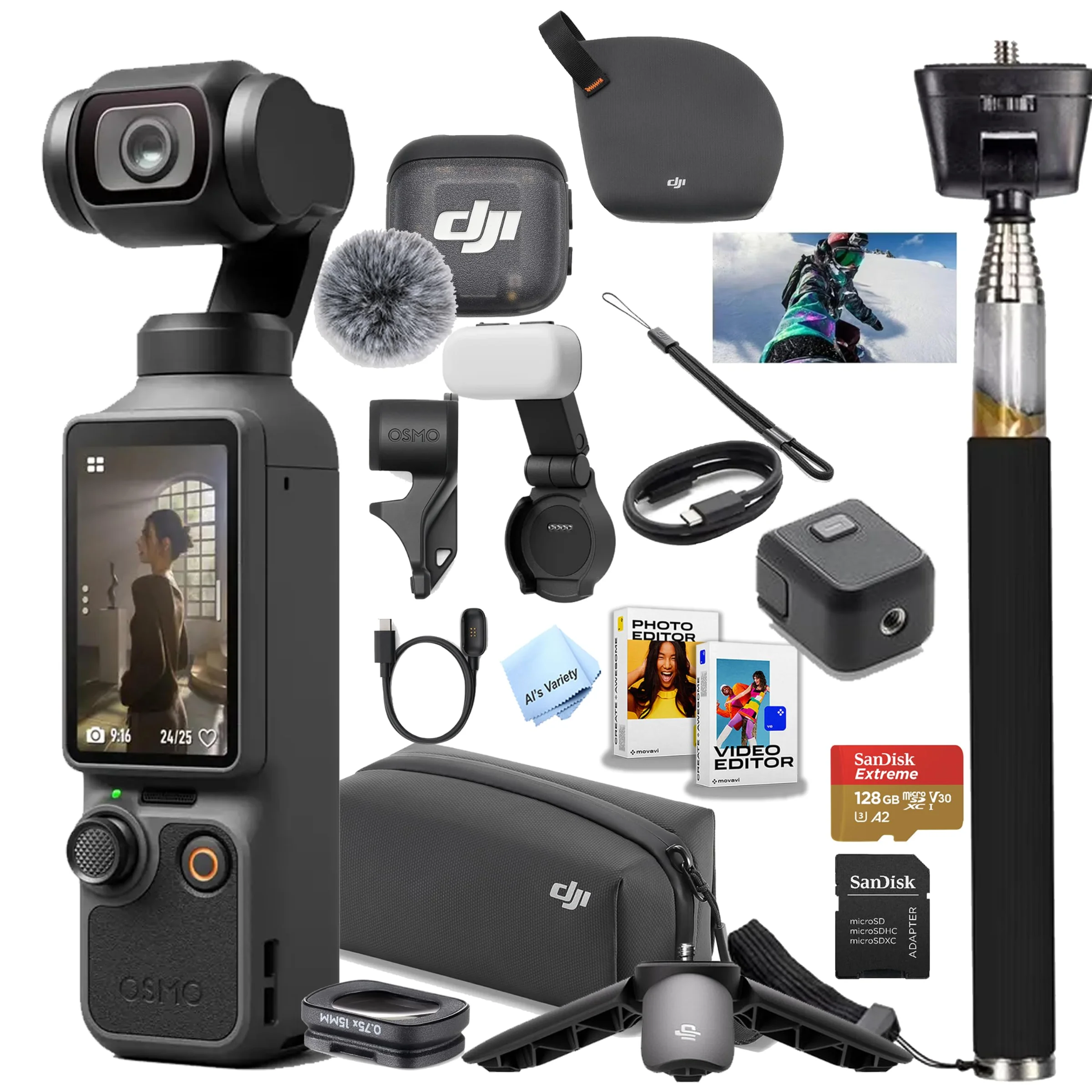 DJI Osmo Pocket 4 Creator Combo, Vlogging Cameras, 4K/240fps Vlog Camera, 3-Axis Stabilization, Active Track 7.0, Mic + Fill Light Included + 128GB Memory, + Selfie Stick + More