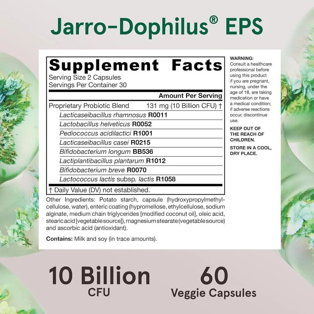 Jarrow Formulas Jarro-Dophilus EPS con 10 mil millones de UFC para apoyo intestinal, cápsulas veganas para hombres y mujeres