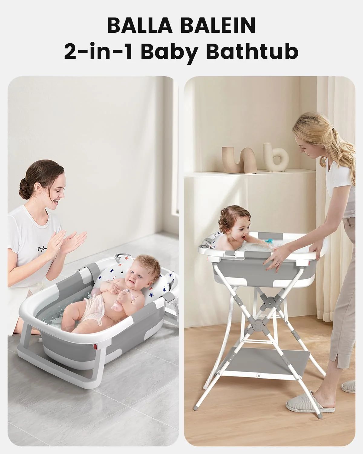 BALLA BALEIN Bañera 2 en 1 con Soporte Plegable y Cojín Suave Gris